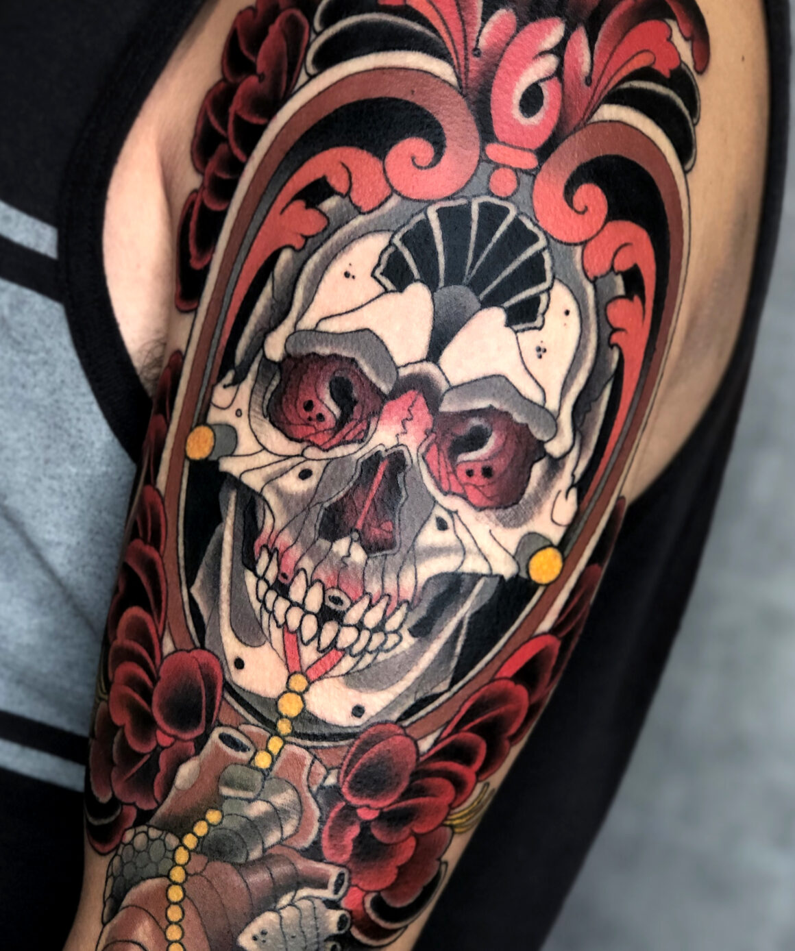 Painted Temple  Tattoos  Skull  Neo Traditional King Skull with Moth and  Flowers Tattoo