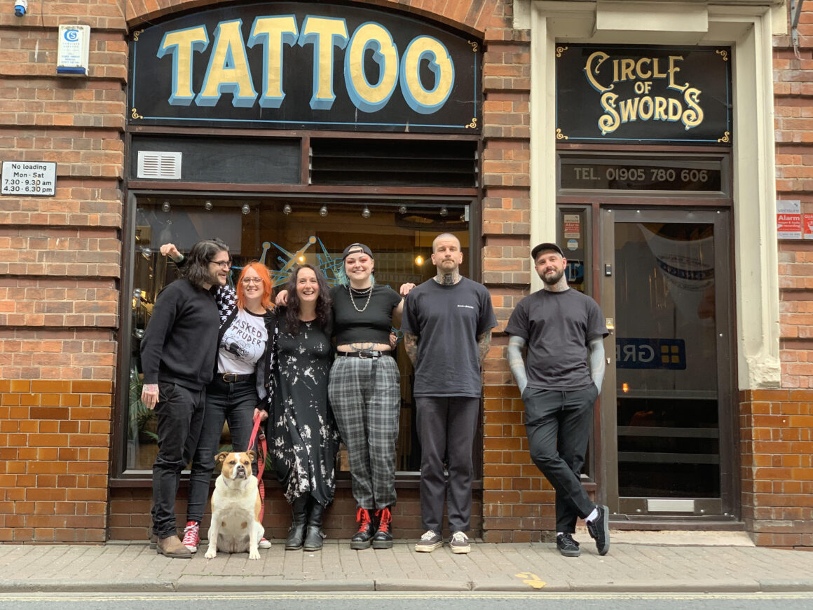 Left to right, Loz, Katie, Sarah, Maisie, Tom, Piers featuring Blossom dog