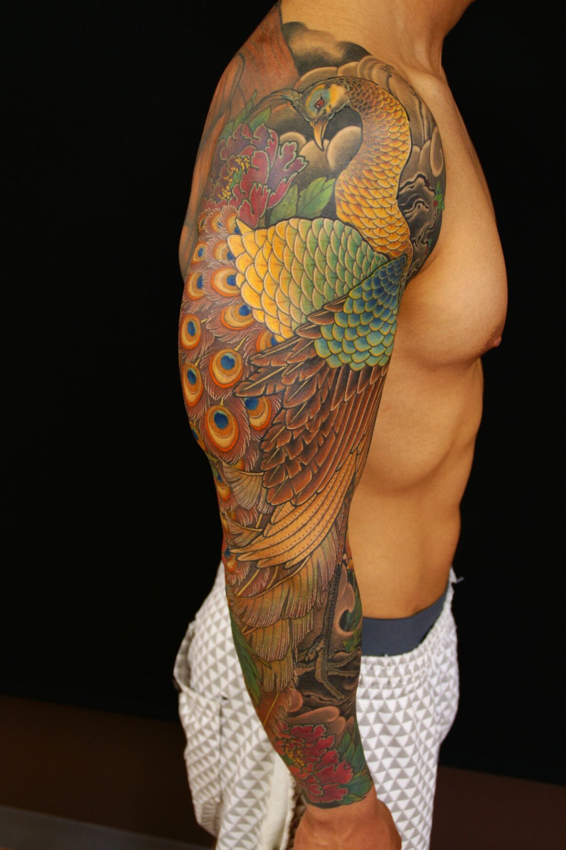 Leg Flower Japanese Peacock Tattoo by SH TH