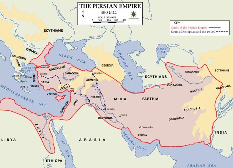 Geographic map displacing the borders of the ancient Persian Empire in 490 BC