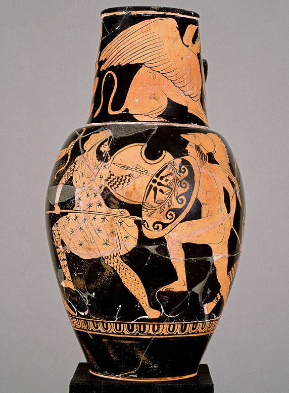 Particular of a naked hoplite while is attacking, while a Persian soldier rich armor, Depiction on a vase from the 4th century BC (Paris, Louvre Rmn - H. Lewandowski)