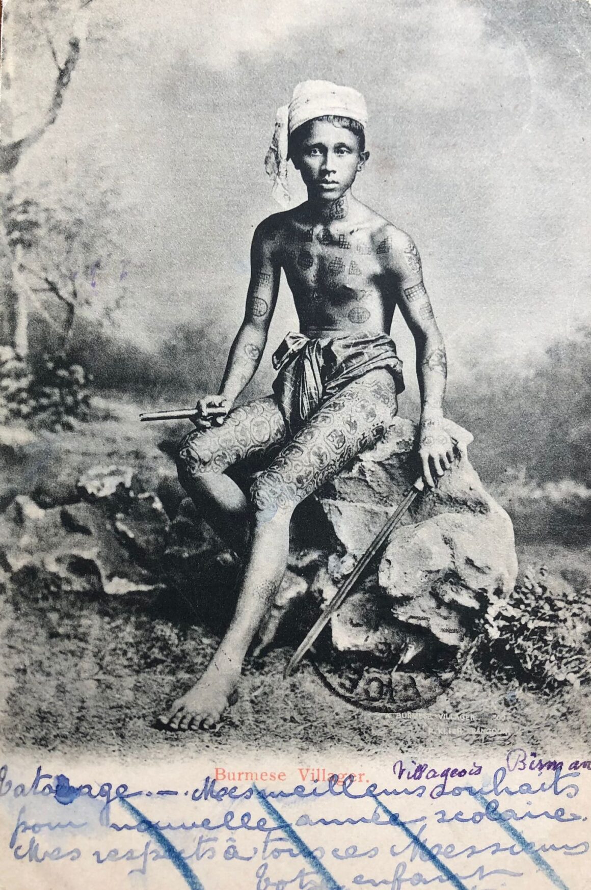 Photo postcard displacing tattooed Burmese villager, first decade of XIX century, from the private collection of Gabriele Gori
