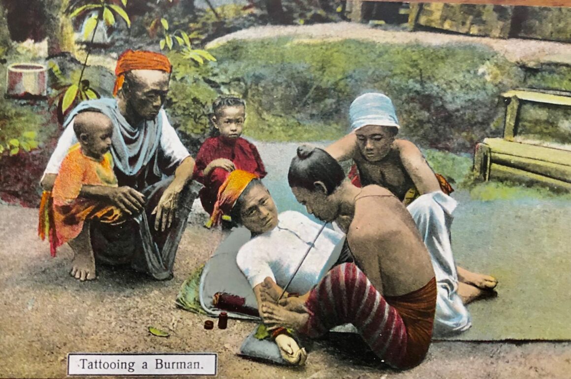 Photo postcard displacing the process of tattooing a Burman, firts decade of XIX century, from private collection of Gabriele Gori