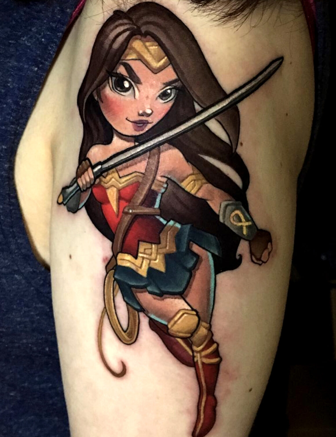 Color Wonder Woman Calf Tattoo by David Mushaney TattooNOW