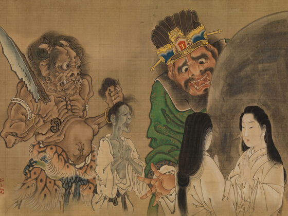 Kawanabe Kyōsai, A Beauty in Front of King Enma's Mirror, 1871–89 (1887?). Hanging scroll: ink, colour and gold on silk, 35.3 × 52 cm. Israel Goldman Collection, London. Photo: Ken Adlard