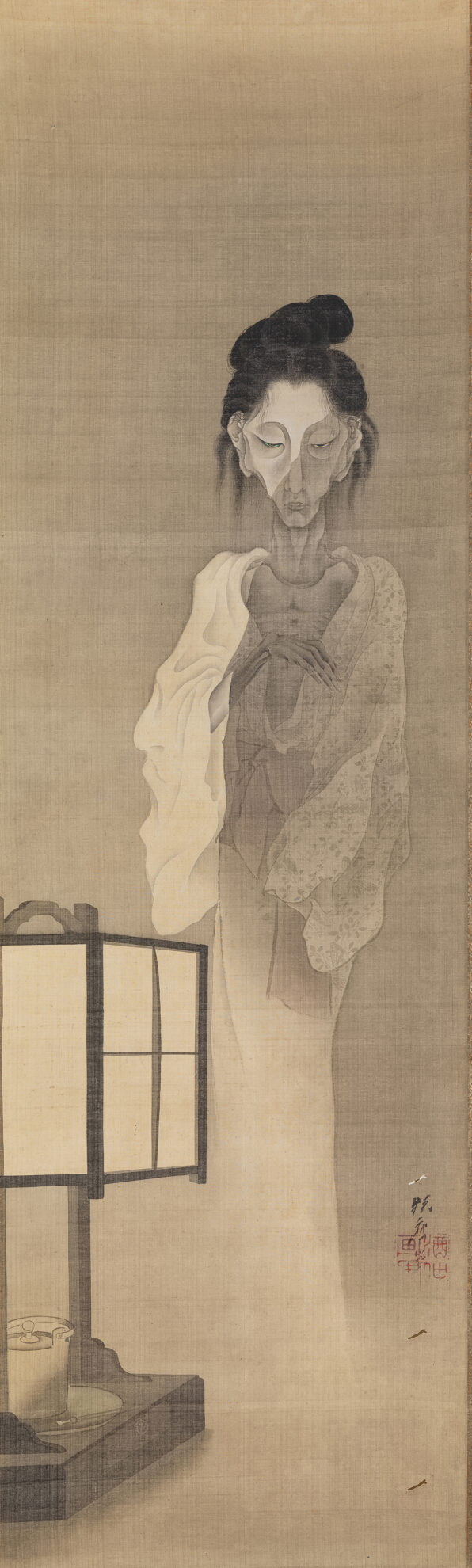 Kawanabe Kyōsai, Ghost, c. 1868–70. Hanging scroll: ink, light colour and gold on silk. 105.6 × 32 cm. Israel Goldman Collection, London. Photo: Ken Adlard