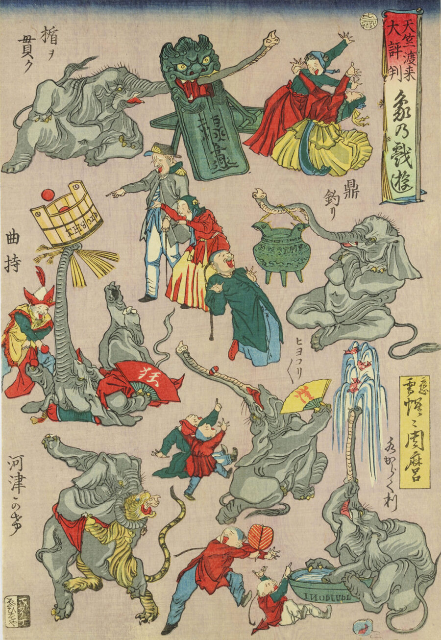Kawanabe Kyōsai, 'Famous from India: Elephants at Play' (Tenjiku torai dai-hyōban: zō no tawamure), fourth month, 1863. Colour woodblock print, 36.2 × 24.6 cm. Israel Goldman Collection, London. Photo: Art Research Center, Ritsumeikan University