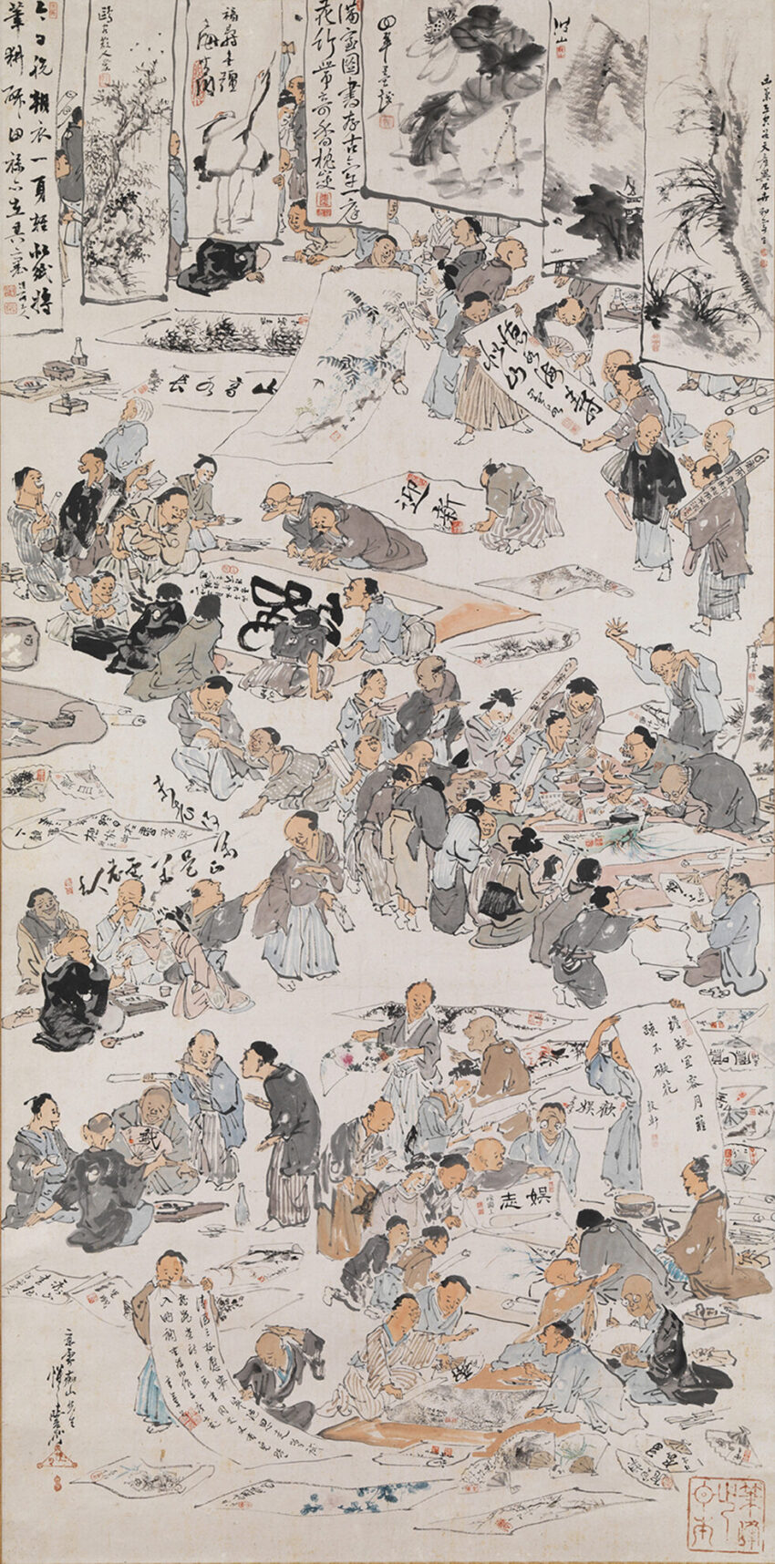 Kawanabe Kyōsai and 54 others, Calligraphy and Painting Party (Shogakai), c. May 1876 – spring 1878. Hanging scroll: ink and light colour on paper, 131.5 × 65.5 cm. Israel Goldman Collection, London. Photo: Ken Adlard