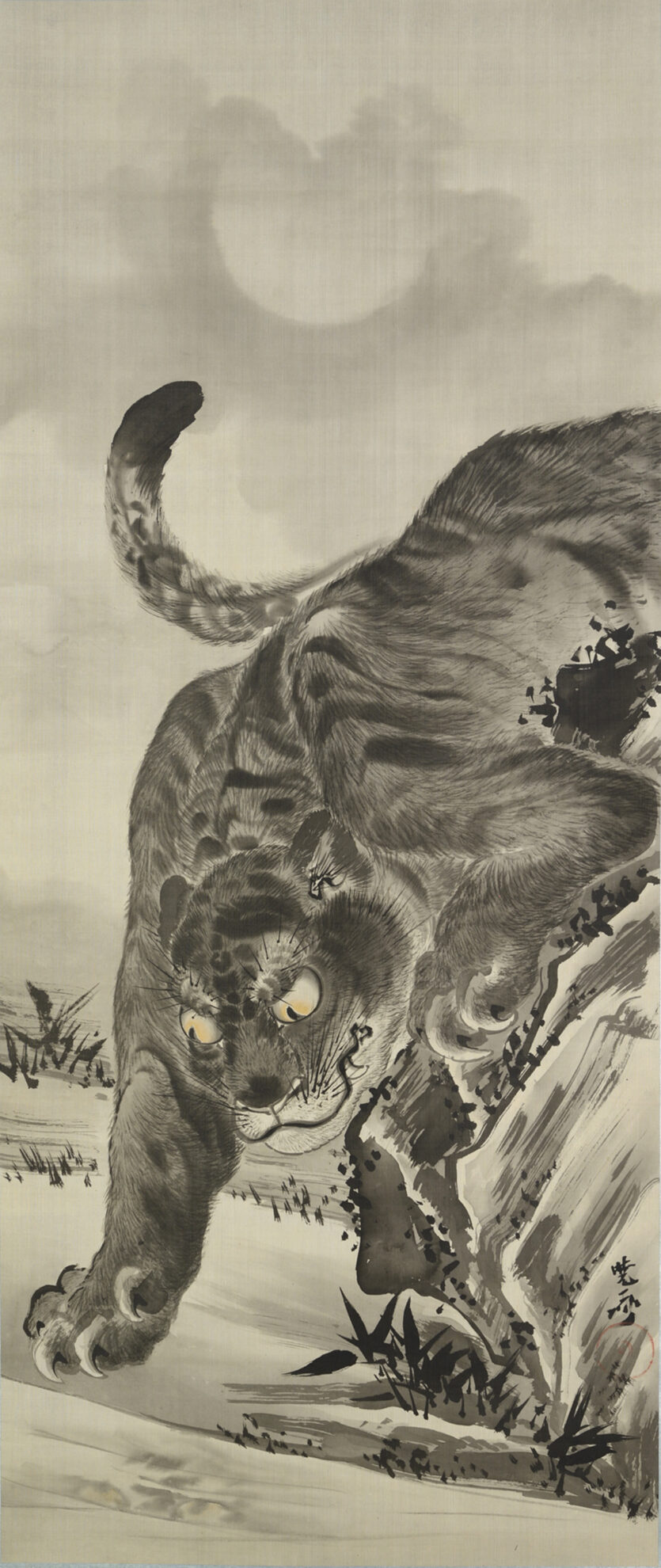 Kawanabe Kyōsai, Tiger Looking at Its Reflection in Moonlight, 1871-89. Hanging scroll: ink and gold on silk, 128.6 x 54.2 cm. Israel Goldman Collection, London. Photo: Art Research Center, Ritsumeikan University