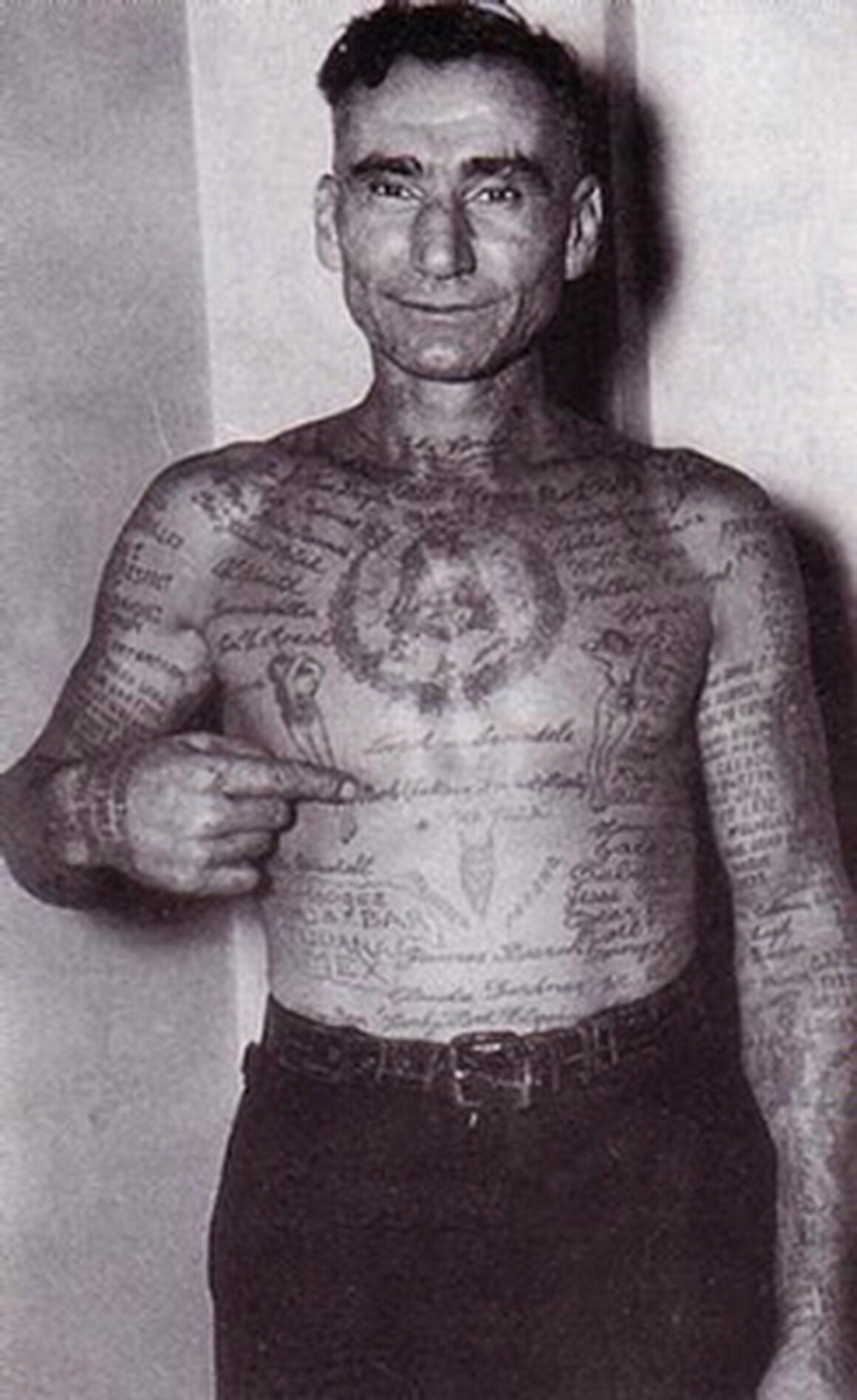 Dick Hyland while was showing his tattoos, Unknown internet source.