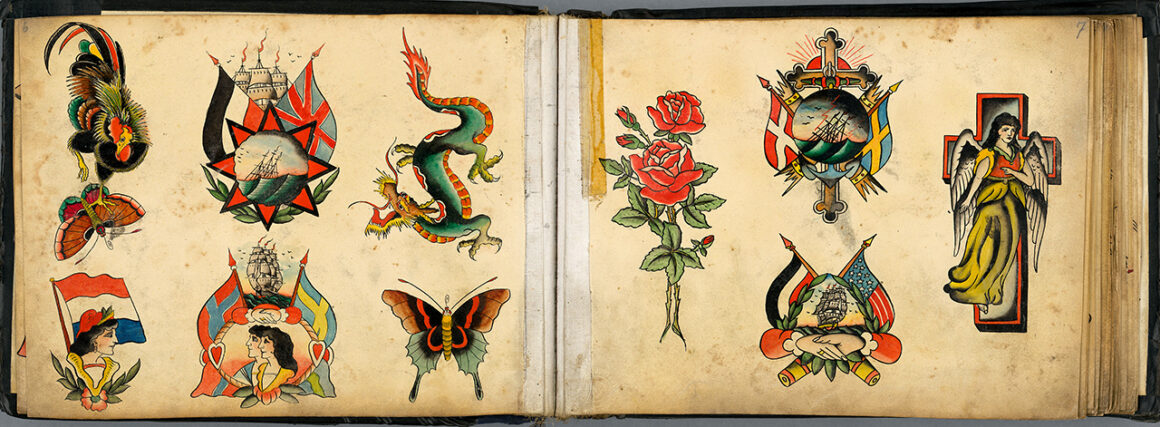 Double page of Christian Warlich’s tattoo flash book, c. 1934 Photo: Erich Christoph Irrgang,