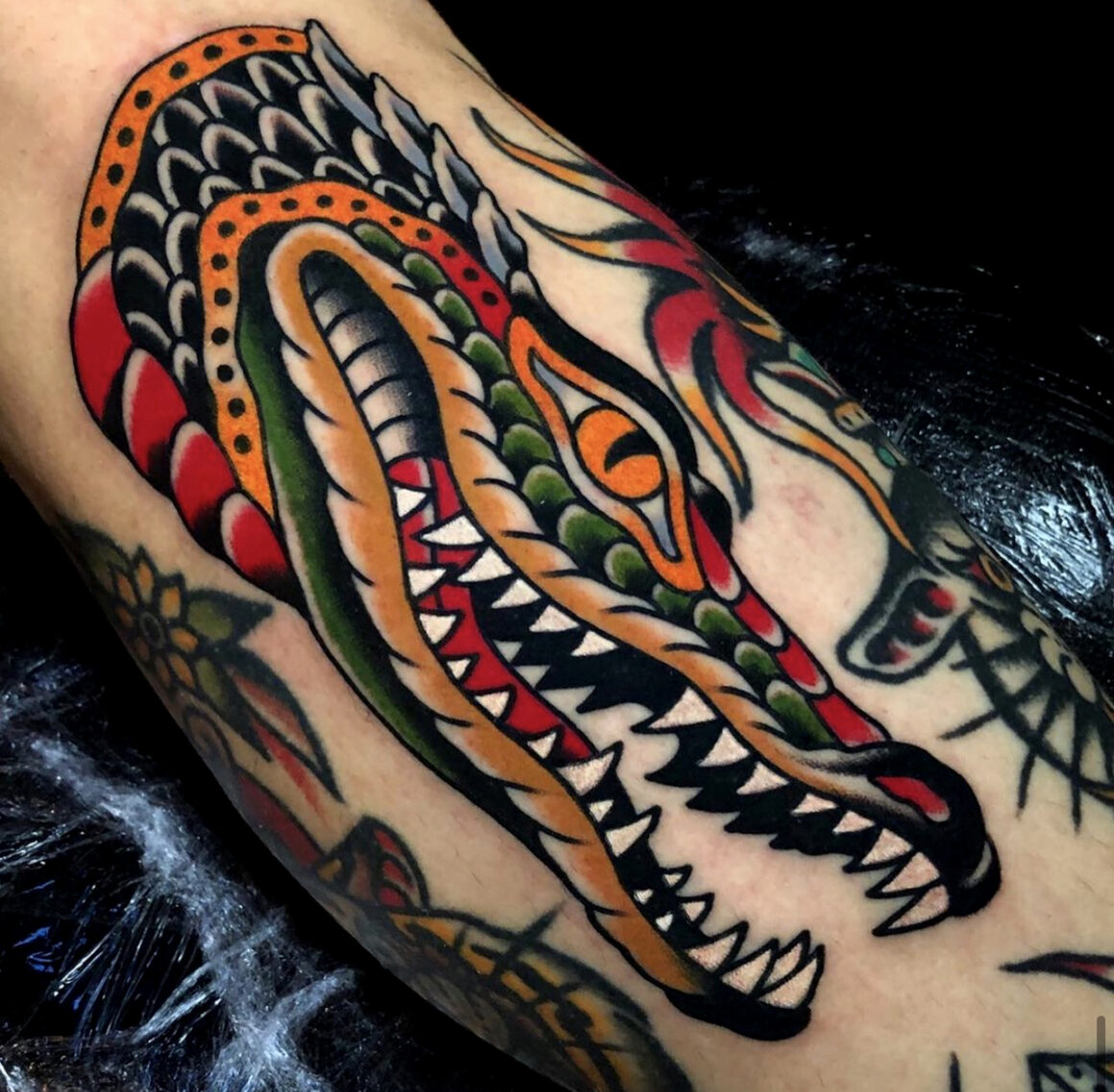 American Traditional Black and Gray Animal tattoo by Erik Baluyot
