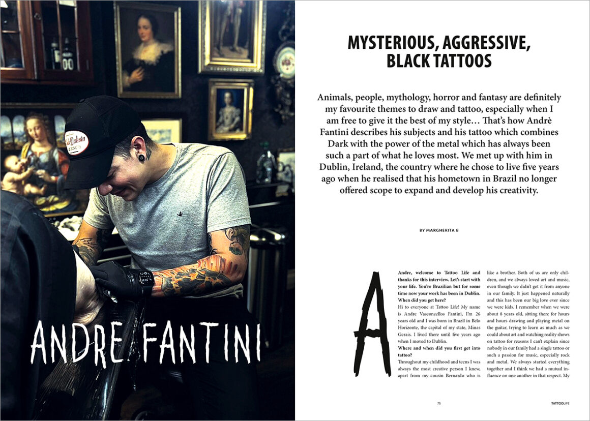 Andre Fantini. Mysterious, aggressive, black tattoos