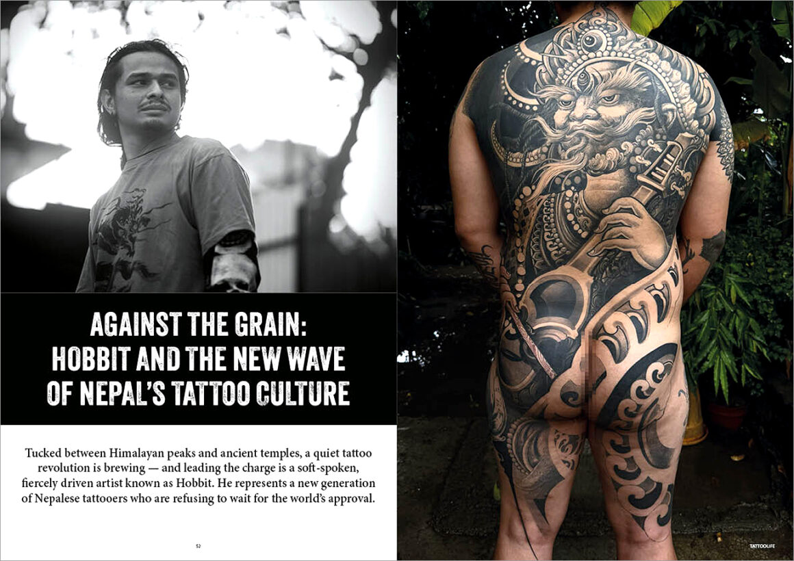 Tattoo revolution in the Himalayas with Hobbit and his dark Nepali traditional style.
